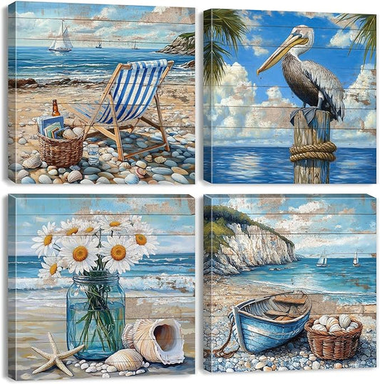 Nautical Beach Bathroom Wall Decor Retro Seascape Picture Canvas Prints Bedroom Coastal Pelican Poster for Living Room Teal Beach Flower Boat Wooden Grain Art Framed Artwork Home Decorations 20x20 4P