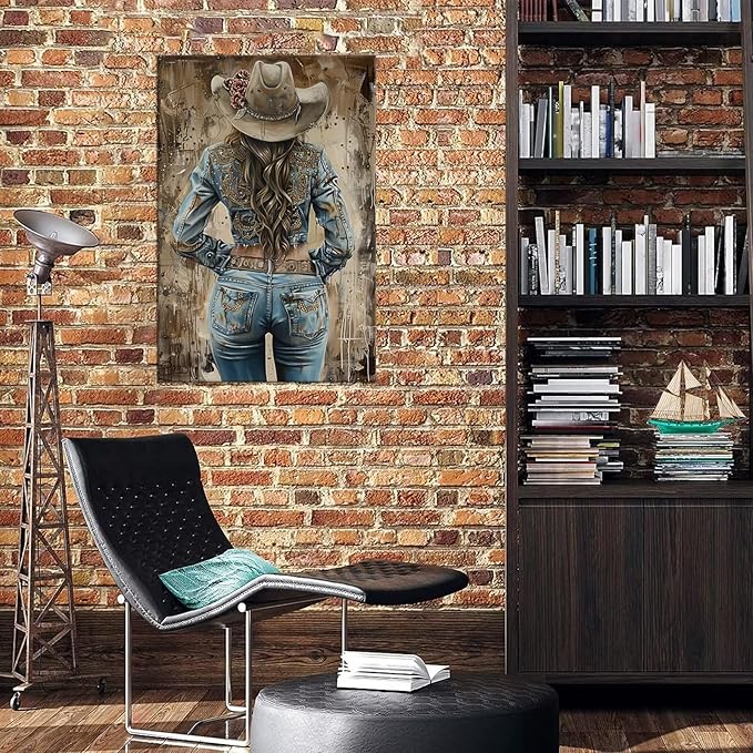 Beautiful Women Western Cowboy Pictures Wall Decor Retro Cowboy Wall Art Canvas Prints Southwestern Poster Trendy Western Painting Artwork for Bedroom Living Room Framed(24L" x 32W")
