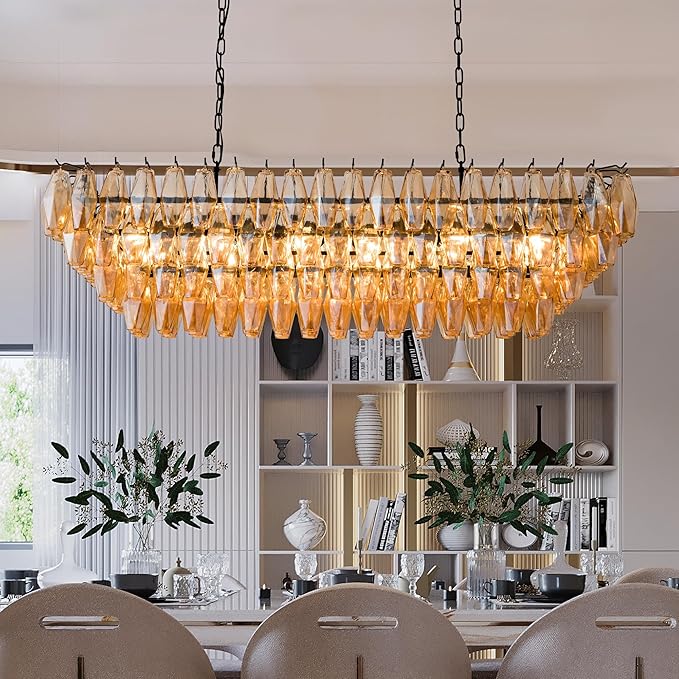 Large Chandelier, 54" Rectangular Drum Chandeliers for Dining Room, 12-Light Modern Round Kitchen Island Hanging Light Fixture for Living Room, Kitchen Island, Foyer- Black