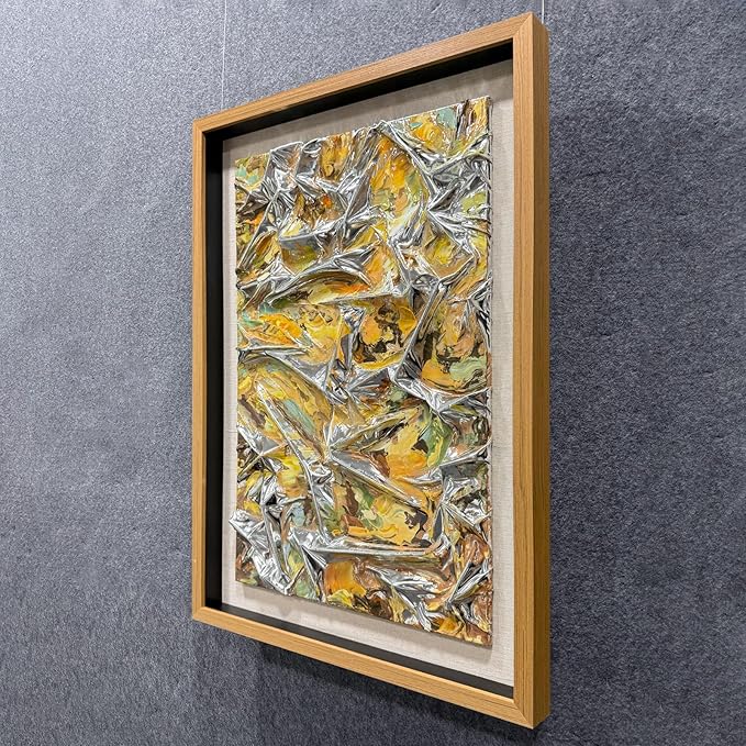 BrightA Textured silver leather abstract art - vibrant spray-painted fluid colors (yellow/orange/green) with solid wood frames, modern wall sculptures, contemporary living room 27.5"x 39.4"