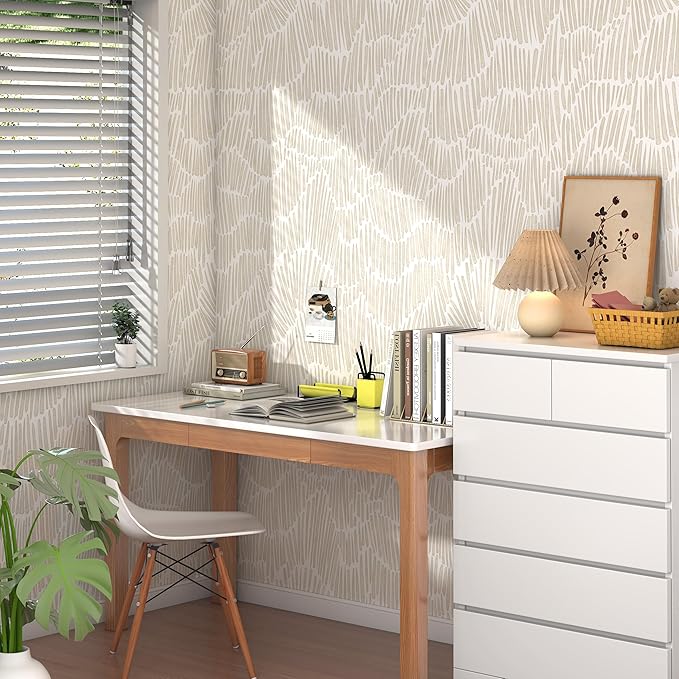 Beige Striped Wall Paper Peel and Stick Wallpaper Modern 17.3"×787" Boho Removable Self Adhesive Wallpaper for Bedroom Waterproof White and Gold Contact Paper for Home Vinyl
