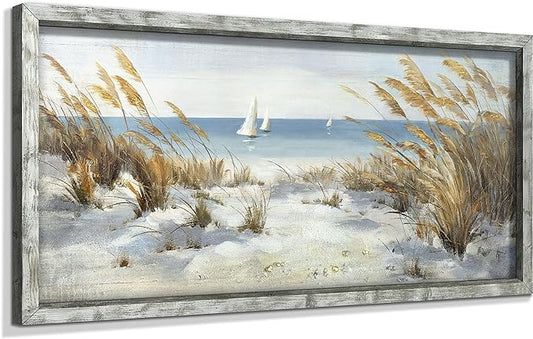 Coastal Framed Wooden Wall Art: Beach Oil Painting Style Seaside Pictures Seascape Art Prints Sand Dunes & Sailboat Artwork for Bathroom 24"x12"