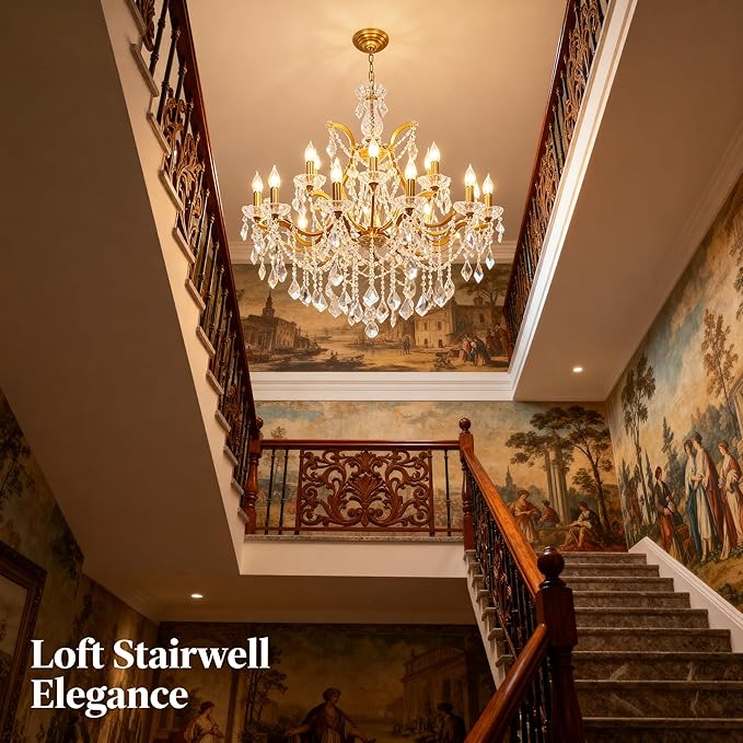 Antique Gold Crystal Chandeliers, Polished Golden Bronze Farmhouse Chandeliers 18-Light Crystal Candle Chandelier Ceiling Hanging Light Fixture Entrance Foyer Kitchen