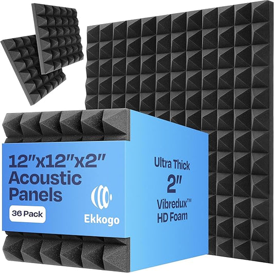 36-Pack Sound Proof Foam Panels for Walls 12X12X2 Acoustic Panels Pyramid Style Sound Panels for Studio and Home Noise Reduction with Vibredux HD
