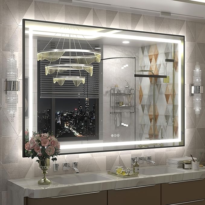 55x40 Framed LED Bathroom Mirror, Large Dimmable Vanity Mirror with Lights, Anti-Fog, Memory, Shatterproof, Backlit and Front Lighted, ETL Listed