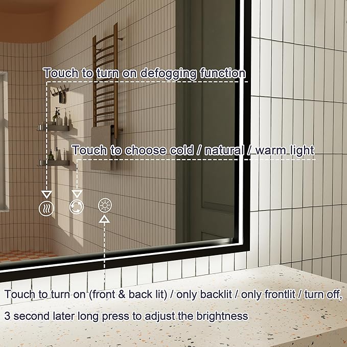 20x28 Inch LED Bathroom Mirror with Front and Back Lighting, 3 Color Temp, Dimmable, Anti-Fog, Black Aluminum Frame Wall Mounted Lighted Bathroom Vanity Mirror