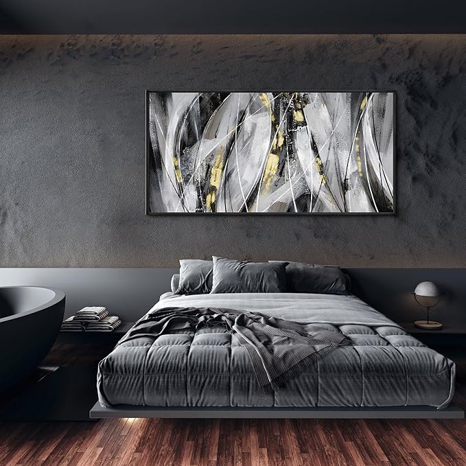 KLAKLA Abstract Frame Wall Art - Black and White Picture for Living Room Black and Gold Framed Artwork Canvas Art Work for Office Home Decor Bedroom Wall Decoration - 48x24 Inches