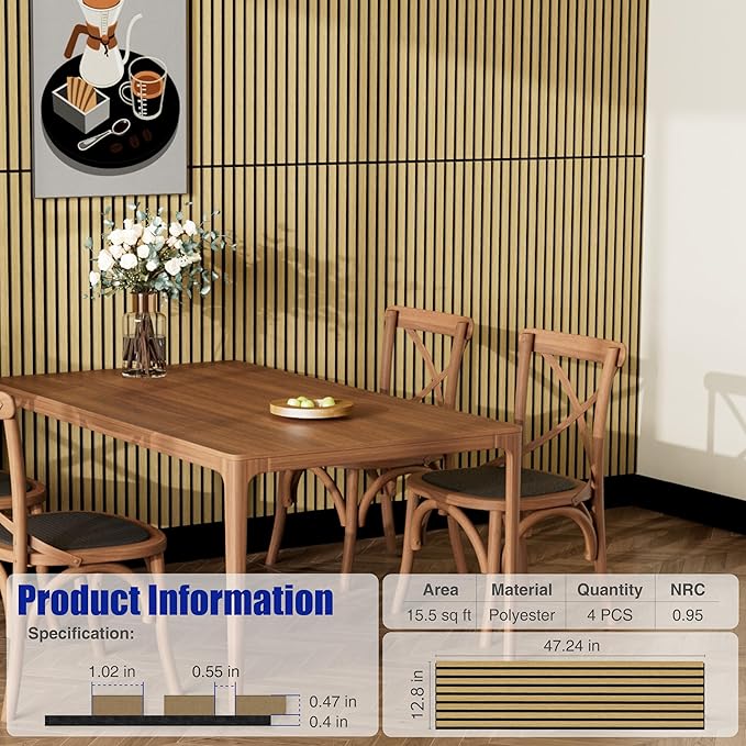 4PCS Acoustic Wood Slat Wall Panels, 47.2" x 12.8" Soundproof Panels for Walls, Sound Absorbing Panels for Interior Decor and Room Acoustic Treatment