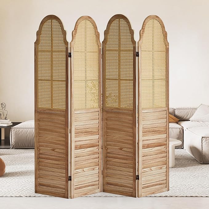 4 Panel Rattan Room Divider Panel, 5.6Ft Partitions and Dividers, Louvered Partition Divider, Room Dividers Screen, Solid Wood Frame, Folding Screen, Bedroom, Family Room, Light Brown