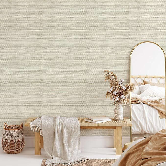JiffDiff Grasscloth Wallpaper Peel and Stick Cream Grassweave Peel & Stick Wallpaper Textured Wallpaper Contact Paper 17.3"x118"