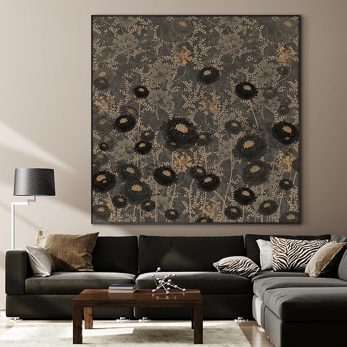 72"x72" XL Framed Wall ArtVintage Floral Pattern Dark Botanical Print with Gold Accents (Frame Assembly Required)