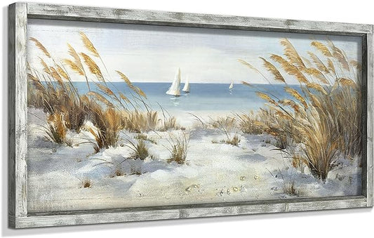 Beach Framed Wooden Wall Art: Coastal Oil Painting Style 40"x20" Ocean Pictures Seascape Art Prints Sand Dunes & Sailboat Artwork for Office