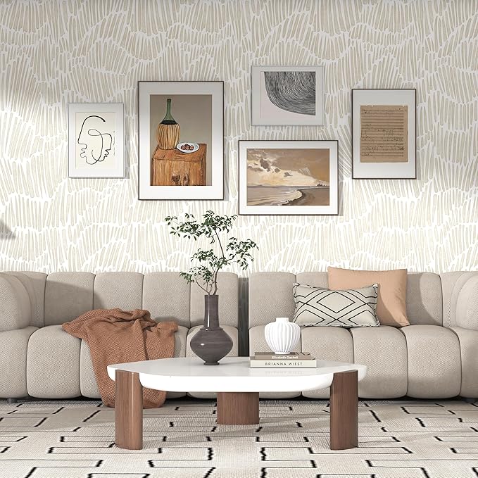 Beige Peel and Stick Wallpaper Boho 17.3"×118" Modern Striped Removable Self Adhesive Wallpaper for Bedroom Waterproof Wall Paper White and Gold Contact Paper Vinyl
