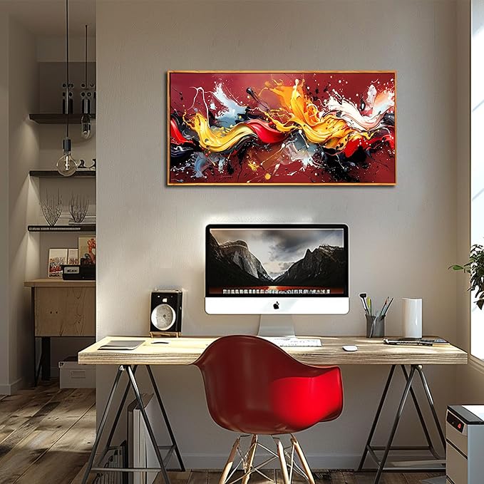 Ouzzlie Red Wall Art Gold Wall Decor Colorful Pictures Azure Blue Abstract Wall Art Decor 24"x 48" in Wall Paintings for Living Room