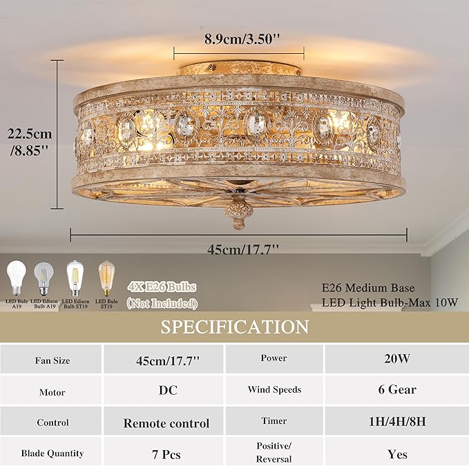 18" Rustic Cottage Distressed Wood-Look Fandelier with Remote, Small Farmhouse Enclosed Ceiling Fan Light, Low Profile Flush Mount for Entryway, Kids Room, Cozy Spaces