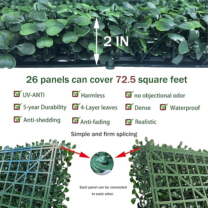 Artificial Boxwood Hedge Wall Panels: 20 X 20 in 26P UV-Anti More Dense Greenery Grass Wall Backdrop Panels for Indoor Outdoor Green Wall Decor & Ivy Fence Covering Privacy
