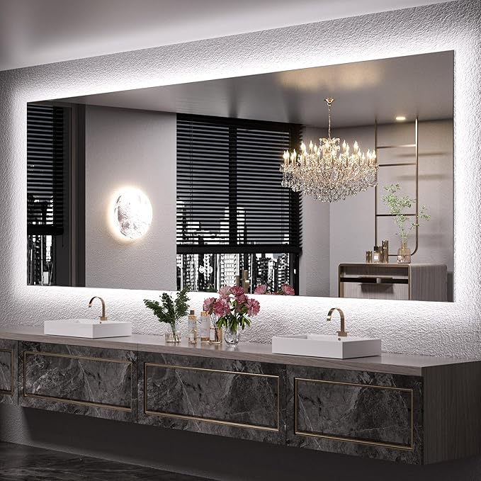 Keonjinn 96 x 36 Inch Large LED Bathroom Mirror with Lights, Oversize Backlit Mirror 3 Colors Warm/Natural/White Lights, UL Listed LED Driver,Wall Mounted Anti-Fog Dimmable Lighted Vanity Mirror