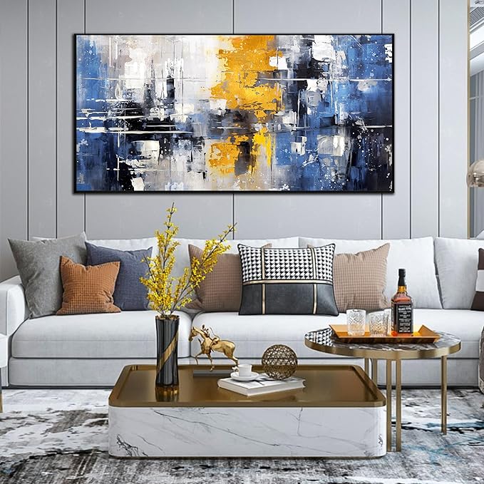 Abstract Paintings Canvas Wall Art - Blue Pictures Wall Decor - Framed Wall Art for Living Room Ready to Hang Size 29" x 59"