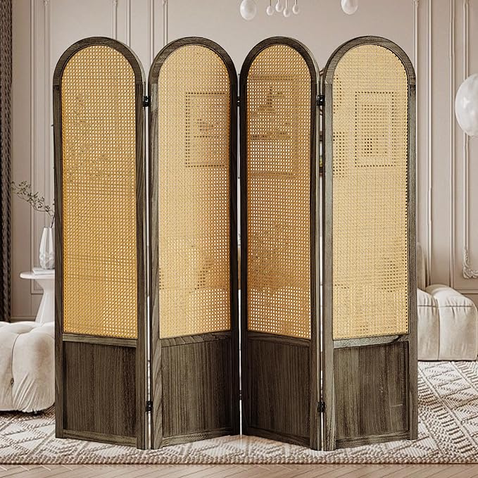 4 Panel Rattan Room Divier, Room Divider Panel and Folding Privacy Screens, Room Divider Wall, Solid Wood Frame, Partition Room Dividers, Bedroom, Dining Room, Lounge, Dark Brown