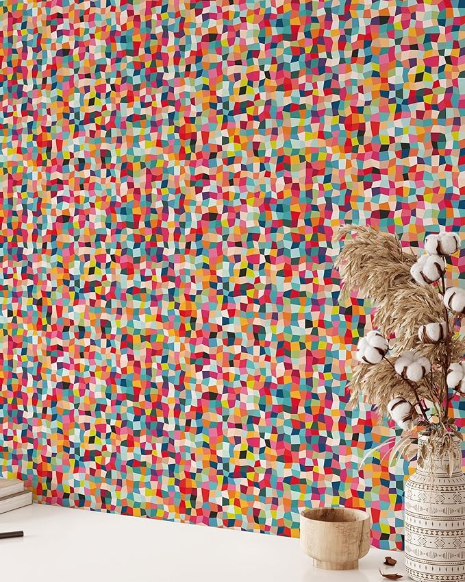 Bright Color Squares Wallpaper | Removable Self Adhesive Abstract Geometrical Wallpaper | Colorful Peel and Stick Wallpaper (1 roll 24" W x 120" H)