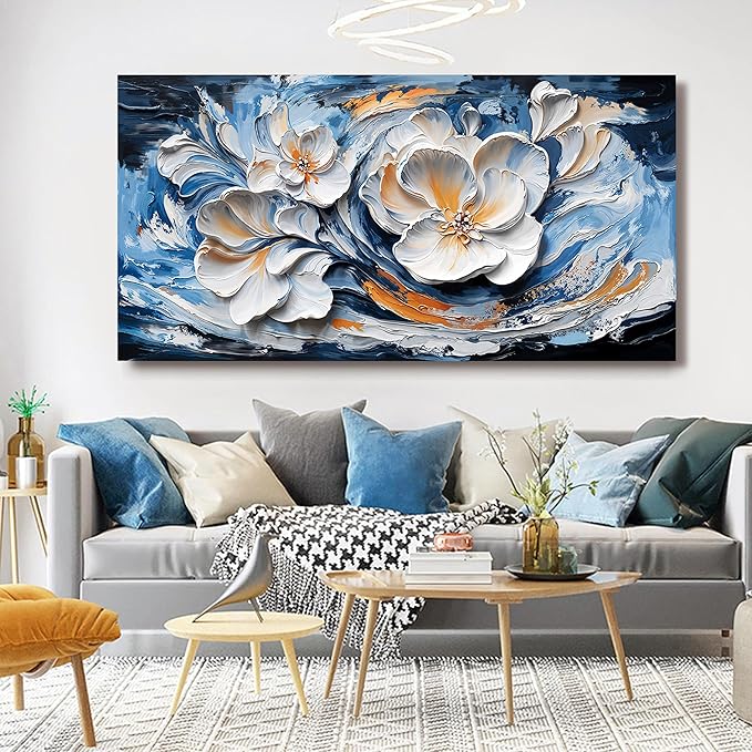 Large Canvas Wall Art Decor Wall Art Pictures for Living Room Abstract Canvas Art Wall Decor Blue White Wall Art Prints Oversized Flower Wall Art Decorations Bederoom Office Home Decor 29" X 58"