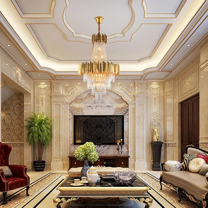 KoKo&Yukina 16-Light Gold Crystal Chandeliers French Empire Crystal Chandelier Gold Modern Farmhouse Chandeliers Light Fixture for Bedroom Hallway High Ceiling Staircase Chandelier D23.6