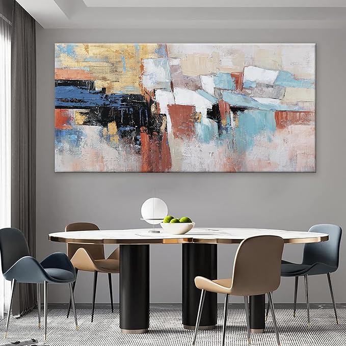 KUPTEU Canvas Wall Art Decor Large Wall Art For Living Room Abstract Art Blue Gold Wall Art Decor Large Canvas Art Work Colorful Abstract Wall Art Prints For Bedroom Office Kitchen Wall Decor 29"x58"