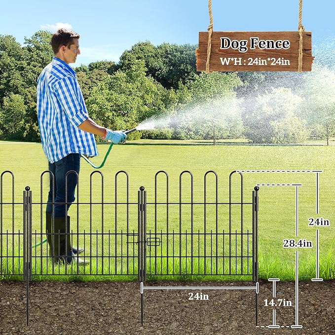 Bepatio Decorative Garden Fence Animal Barrier with Gate, 24in (H) x 20ft (L) 10 Panels Decorative Dog Fence Outdoor for Yard, Heavy Duty Rustproof Metal Fence Border, Flower Bed, Easy Setup, Black