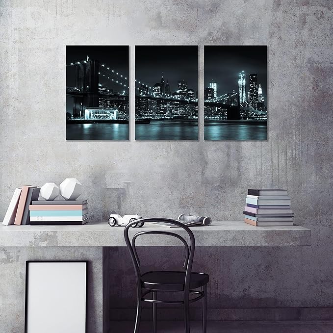 NAN Wind 3 Pcs Wall Art Brooklyn Bridge Black Canvas Art Paintings For Room Decor Manhattan Skyline Cityscape New York Skyscrapers Picture Prints On Canvas For Home Decor Modern Giclee Framed