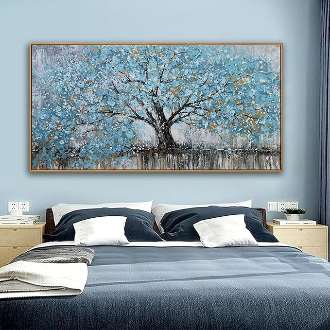 Large Wall Art Teal Blue Abstract Tree Of Life Framed Modern Artwork Canvas Painting Textured Tree Pictures Wall Decor Home Decor Wall Ready To Hang For Bedroom Living Room Size 29"X58"