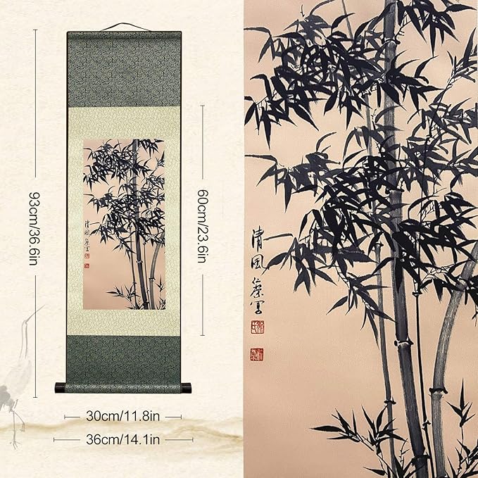 AtfArt Asian Wall Decor Beautiful Silk Scroll Painting Bamboo Leaf Plant - Ancient Bamboo Oriental Decor Chinese Art Wall Scroll Wall Hanging Painting Scroll (36.2 x 12 in)