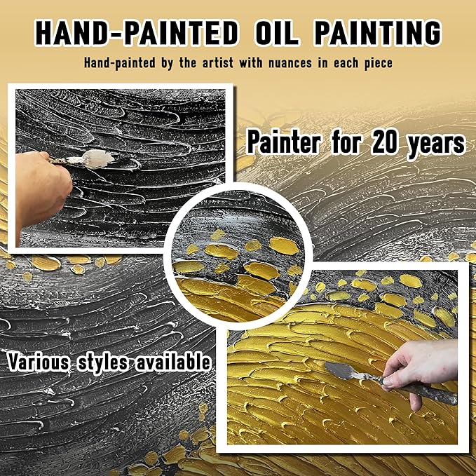 Abstract 3D Hand Painted Wall Art for Office Black and Gold Canvas Wall Art for Bedroom Modern Wall Decor for Living Room Size 24 x 47 Inch