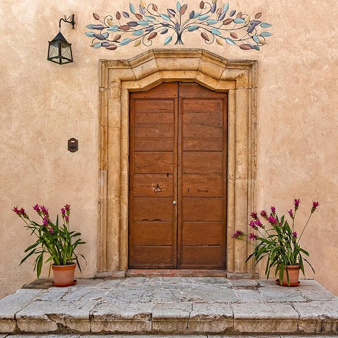 Bellaa 21987 Tree of Life Metal Wall Art Scroll Vine Olive Branch Leaf Decor Wrought Iron Rustic Sculptures Above the Bed Living Room Outdoor Garden Decoration Big Large Plaque Medallion 52 Inch