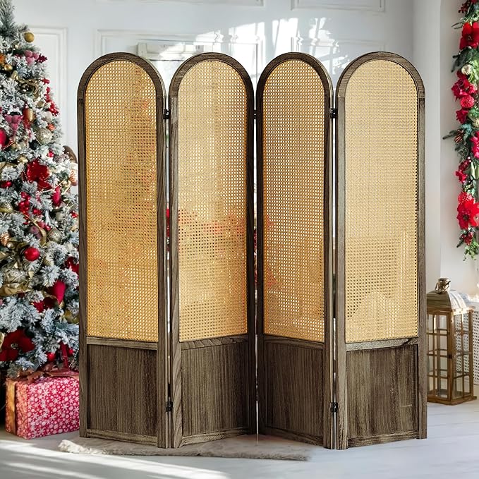 4 Panel Room Divider and Folding Privacy Screen, 5.6 Ft Foldable Double Hinged Rattan Partition, Hand-Woven Rattan Room Divider Portable Wood Freestanding Wall Divider for Room Separation - Brown