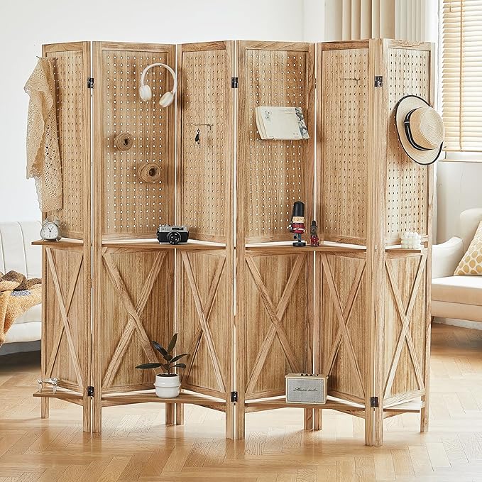 6 Panel Pegboard Room Divider with Shelves, Wood Room Divider and Folding Privacy Screen, Peg Board Display Stand Wall Divider for Room Separation for Craft Shows Events Retail, Natural