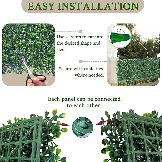 Artificial Boxwood Grass Wall Backdrop: 24 X 16 in 24P (64 sqft) UV-Anti Faux Plants Vine Privacy Fence Screen for Indoor & Outdoor Green Wall Decor and lvy Wall Privacy Coverage.