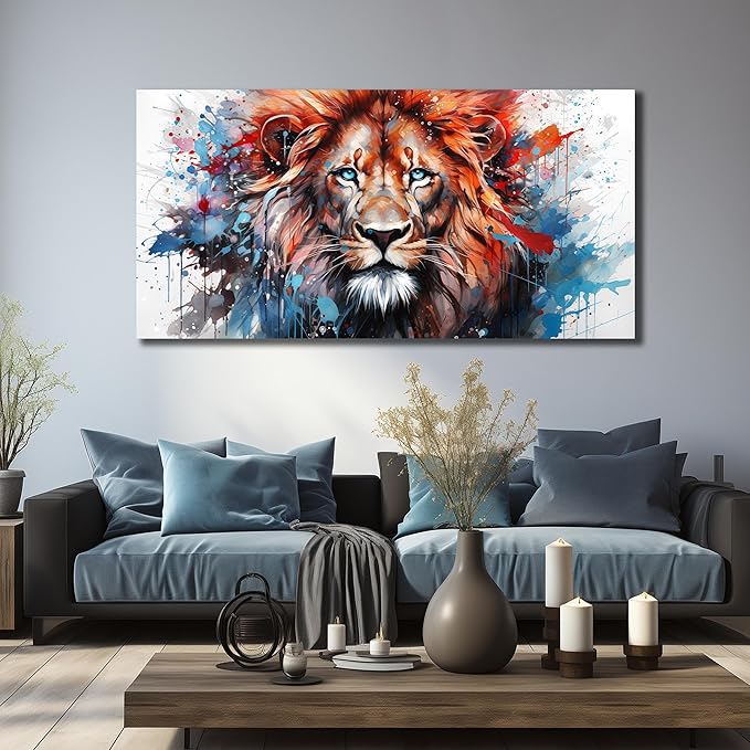 Lion Picture Wall Art For Bedroom Modern Large Wall Decor For Living Room Brown and Blue Canvas Wall Art For Office Size 36 x 72 Inch