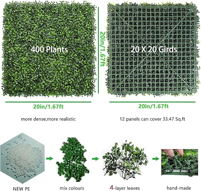 Bybeton Artificial Grass Wall Panels,20"x 20" (12Pcs) UV-Anti Boxwood Panels Greenery Wall Backdrop for Indoor Outdoor Privacy Protected and Garden, Balcony,Privacy Fence Screen Décor