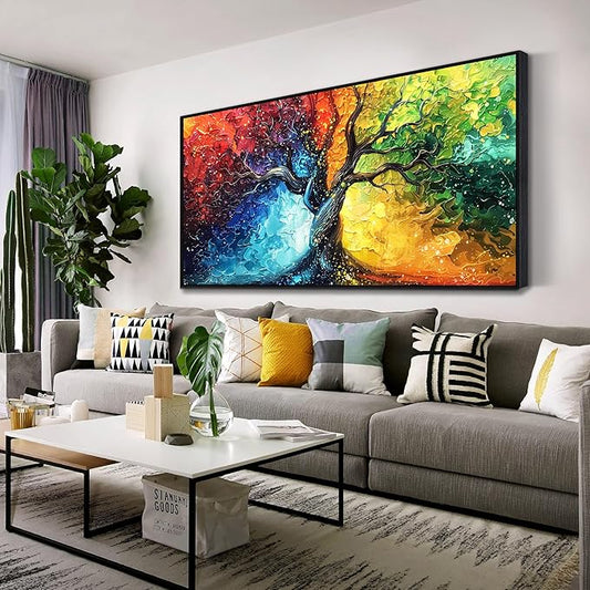 Colorful Tree Canvas Wall Art Living Room - Girl Bedroom Decor with Black Framed Ready to Hang Size 29" x 59"