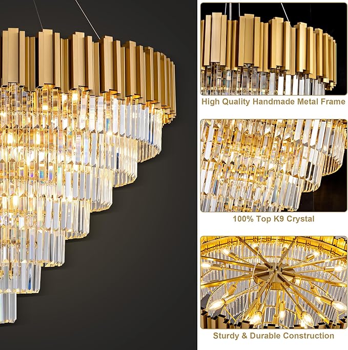 7-Tier 39" Modern Crystal Chandelier, 21-Light Gold Chandelier, Luxury Round K9 Crystal Chandeliers Pendant Light Fixture for Dining Room, Living Room, Bedroom, Foyer, Entryway, Kitchen, Restaurant