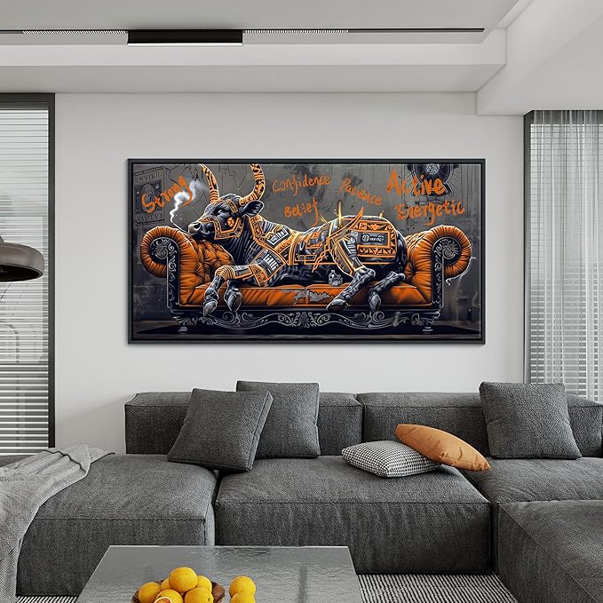 JEAWA Framed Canvas Wall Art - Large Creative Wall Art for Bedroom Living Room Bathroom, Modern Artwork Decor for Home Decoration, Strong Bull Color Graffiti, 29x58 IN