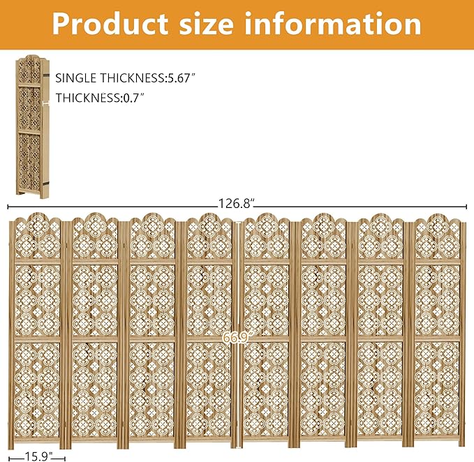 Casaphoria 8 Panels Room Divider, Folding Screen Room Divider with Copper Coin Pattern for Home Office, Restaurant and Bedroom, Paulownia Wood, 127" W x 67" H (Natural)