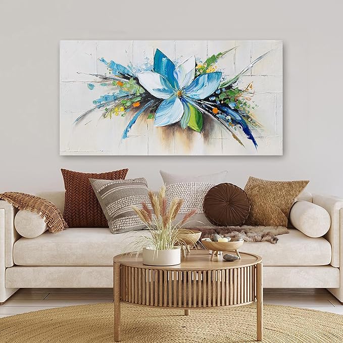 Canvas Wall Art Decor Large Wall Art Pictures for Living Room Canvas Art Wall Decor Blue Floral Wall Art Decor Modern Art Work for Walls Flower Wall Art Prints Bedroom Office Wall Decor 24" X 48"