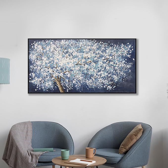 Modern Wall Art Nature Art Canvas Artwork Wall Decor Painting Dark Blue And White Abstract Tree Plants With Framed For Bedroom Living Room Dining Room Home Office Modern Abstract Artwork 24"×48"