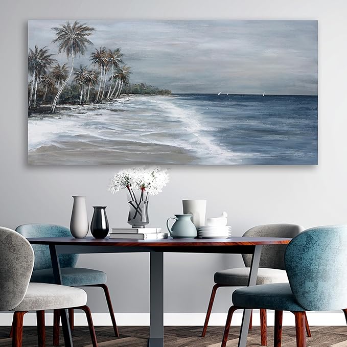 Coastal Wall Art Blue Gray Beach Wall Decor Landscape Abstract Canvas Painting Modern Ocean Artwork Framed for Living Room Bedroom Bathroom Office Decor 20"x40"Can Be Hung Directly