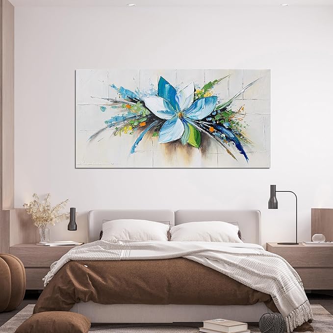 Canvas Wall Art Decor Large Wall Art Pictures for Living Room Canvas Art Wall Decor Blue Floral Wall Art Decor Modern Art Work for Walls Flower Wall Art Prints Bedroom Office Wall Decor 24" X 48"