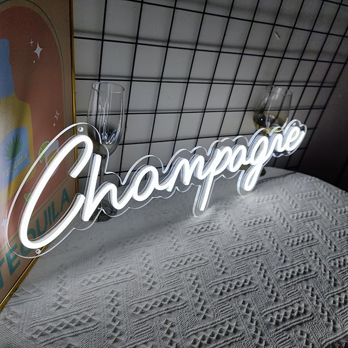 Champagne Neon Signs for Wall Decor, 23.6*7.7 Inches Drink Display Led Light Neon Sign, Light Up Sign Neon for Wedding, Engagement, Yes to Champagne Led Neon Signs for Birthday Bedroom Bar Pub Club Wall Decor Decorations, INSNEnN