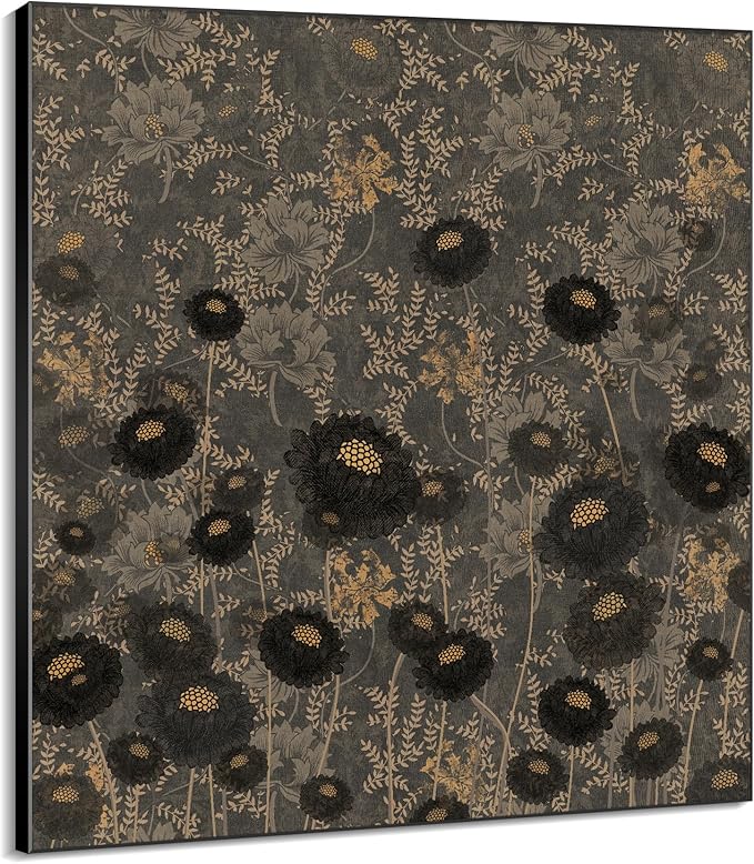72"x72" XL Framed Wall ArtVintage Floral Pattern Dark Botanical Print with Gold Accents (Frame Assembly Required)