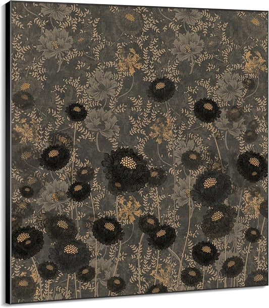36"x36" Large Framed Wall ArtVintage Floral Pattern Dark Botanical Print with Gold Accents (Frame Assembly Required)