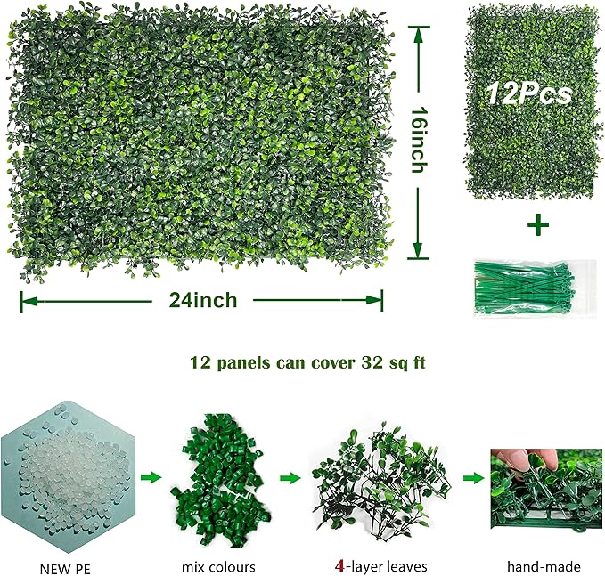 Bybeton Artificial Boxwood Panels,24"x 16" (12pc) 4-Layer Leaves UV-Anti Greenery Grass Wall Backdrop for Indoor Outdoor Privacy Protected and Garden, Balcony,Privacy Fence Screen Decor